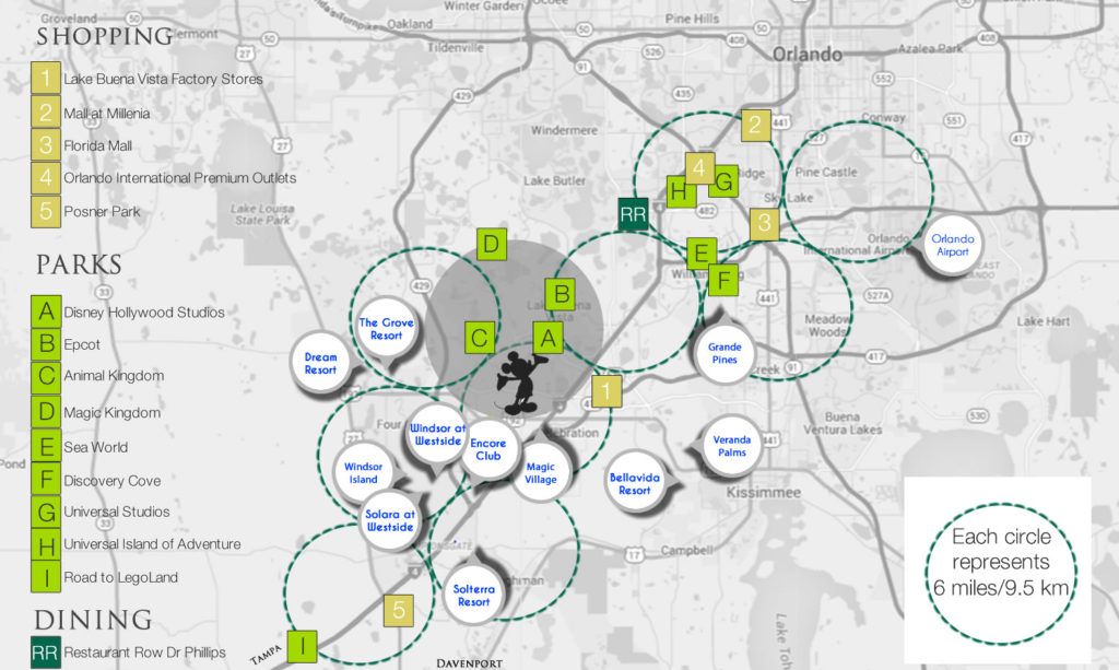 Map of resort communities near Disney and houses for sale in Orlando. Orlando pre-construction homes